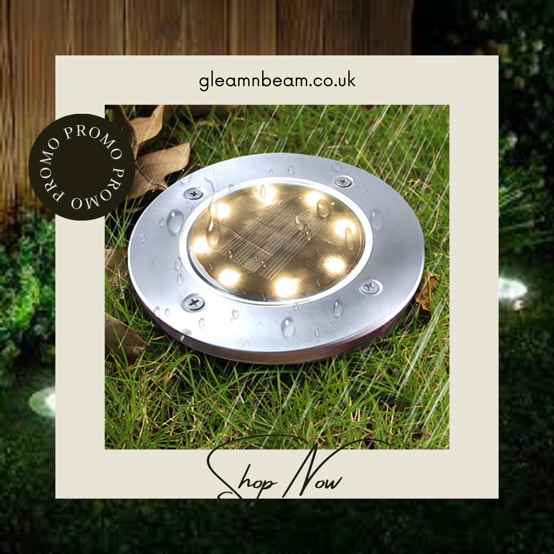 GLEAM 'N BEAM Solar Lights Outdoor Garden Deck Lights Solar Powered 8 LED Outdoor Solar Ground Lights for Landscape Walkway Lawn Steps Decks Pathway Yard Stairs Fences Garden Decorations 4 Pack