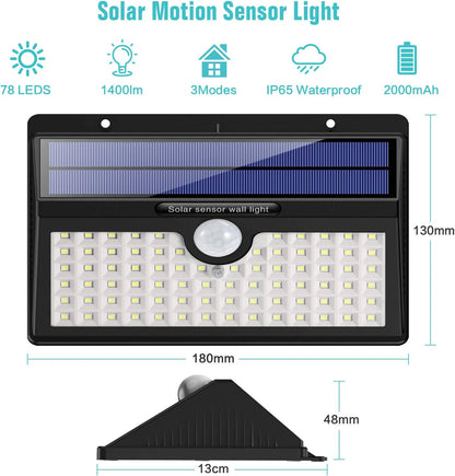 Solar Powered Outdoor Wall Lights, 78 LED Solar Lights For the Wall, Waterproof Solar Exterior Lights Wall With 3 Modes