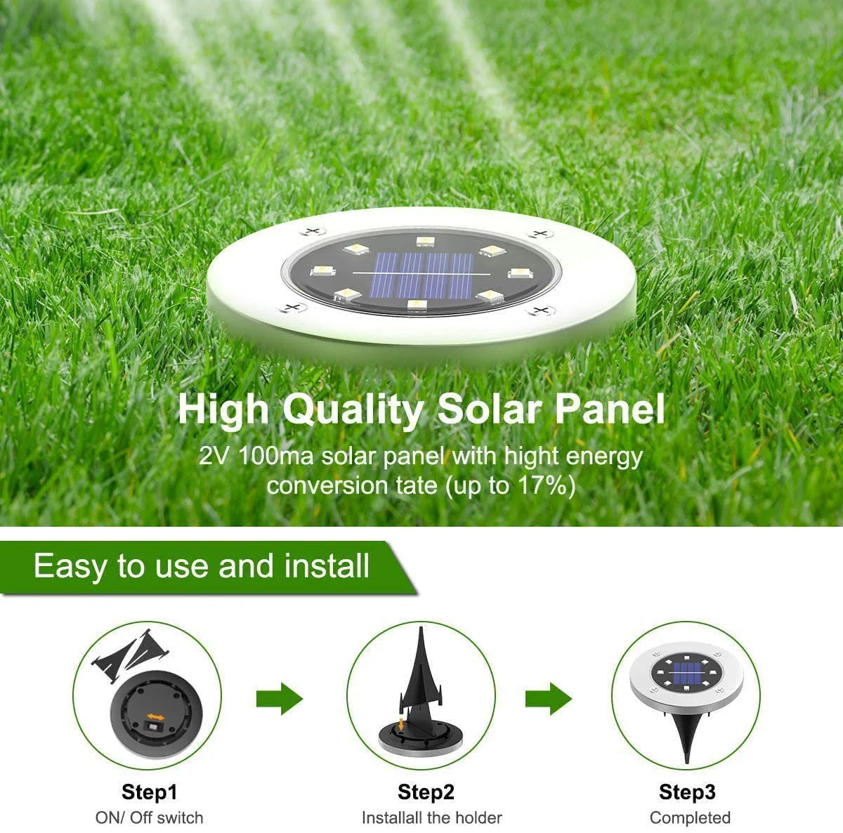 GLEAM 'N BEAM Solar Lights Outdoor Garden Deck Lights Solar Powered 8 LED Outdoor Solar Ground Lights for Landscape Walkway Lawn Steps Decks Pathway Yard Stairs Fences Garden Decorations 4 Pack