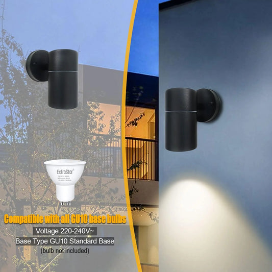 GU10 Base Up Down Exterior Wall Sconce ,IP44 Black Stainless Steel Single Outside Wall Light for Garden, Patio, Balcony, Porch