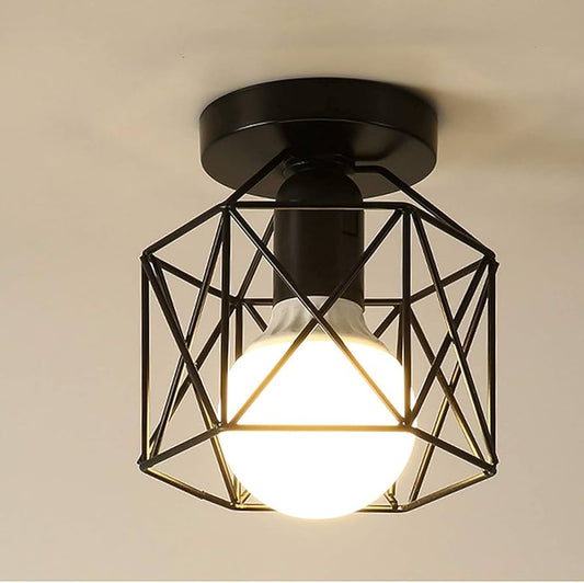 Vintage Hallway Ceiling Light, Black Semi-Flush Mount Basket Cage Bedroom Cloakroom Living Room Ceiling Lamp with E27 Light Bulb